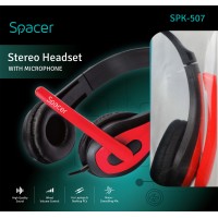 Casti spacer cu fir standard utilizare multimedia microfon pe brat conectare prin jack 3.5 mm x 2 negru / rosu spk-507 