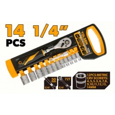 Set de 14 chei tubulare de 1/4 cu maner cu clichet Cr-V In